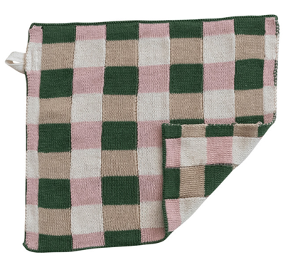 Cotton Knit Dish Cloth - Pink / Green Plaid