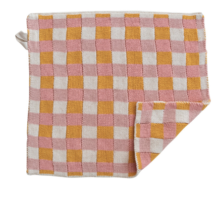 Cotton Knit Dish Cloth - Pink / Yellow Plaid