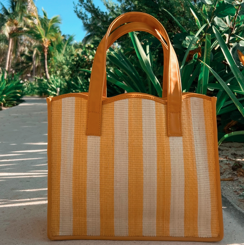 Large Yellow & Cream Striped Shopping Tote
