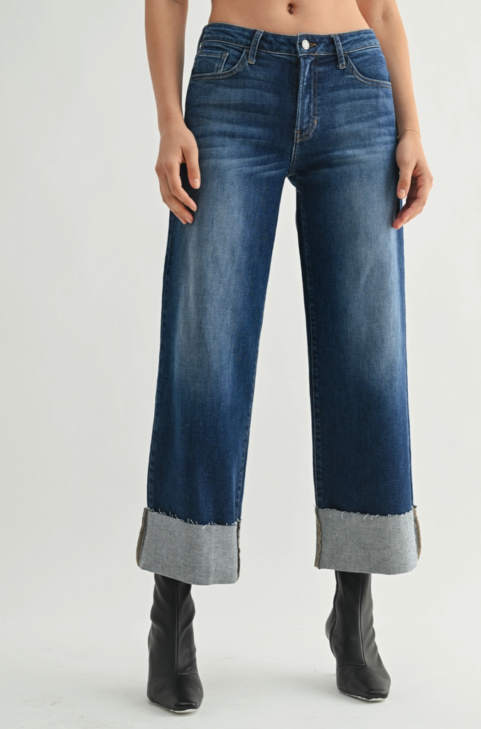 Scissor Cut Cuffed Jeans -- Dark Wash