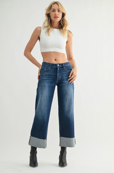 Scissor Cut Cuffed Jeans -- Dark Wash
