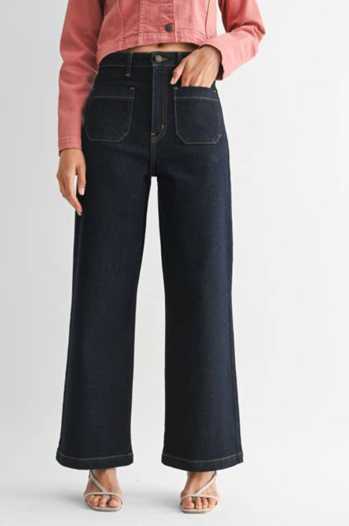 Patch Pocket Wide Leg Jeans -- Super Dark