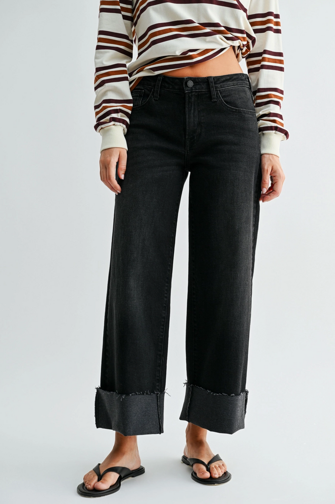 Scissor Cut Cuffed Jeans -- Washed Black