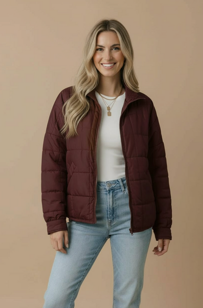 Quilted Puffer Jacket -- Brown