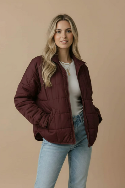 Quilted Puffer Jacket -- Brown