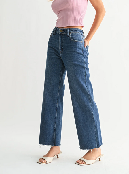Slim Wide Leg Cropped Jeans -- Dark Wash