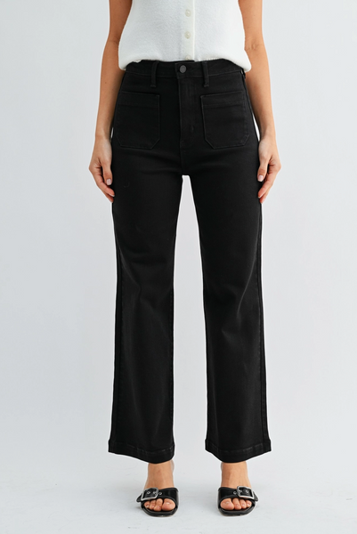 Patch Pocket Wide Leg Jeans -- Black