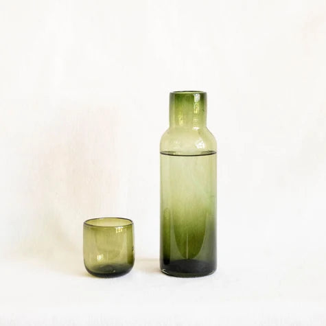 Handblown Glass Bedside Carafe - Olive Green (CANNOT SHIP)