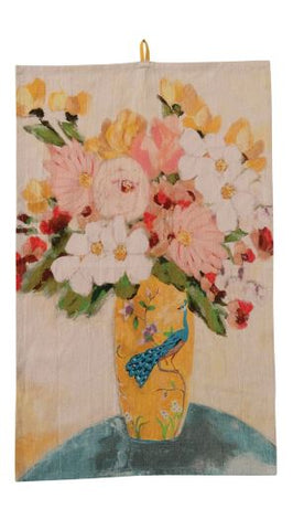 Cotton Chambray Tea Towel w/Flowers in Vase - #2