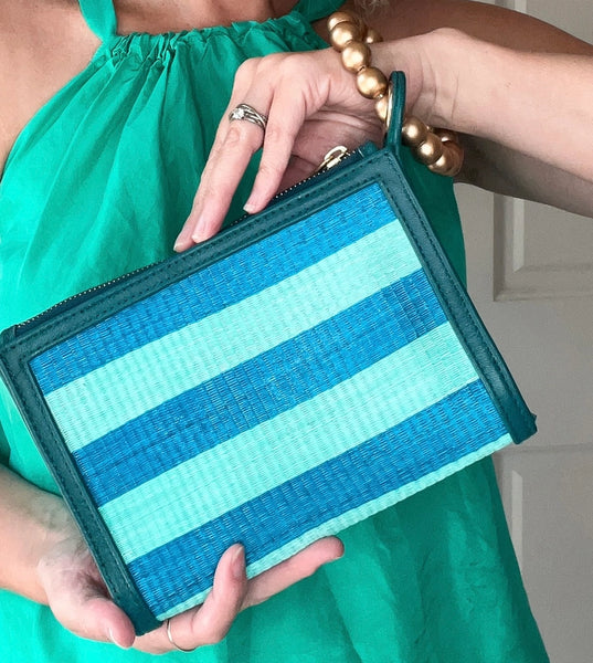 Blue & Turquoise Stripe Woven Straw Wristlet Pouch