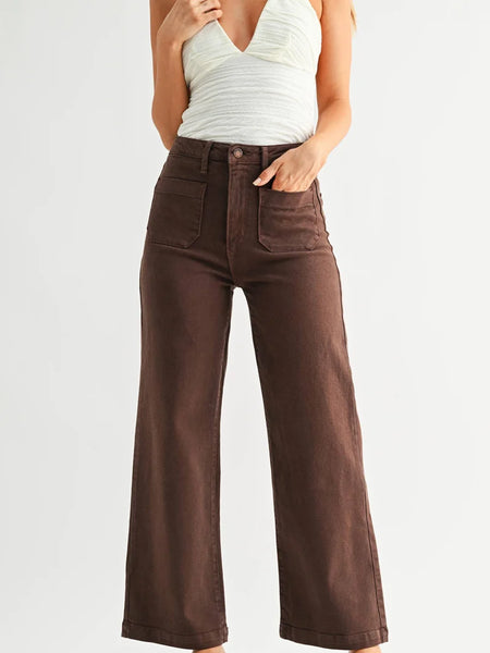 Patch Pocket Wide Leg Jeans -- Dark Brown