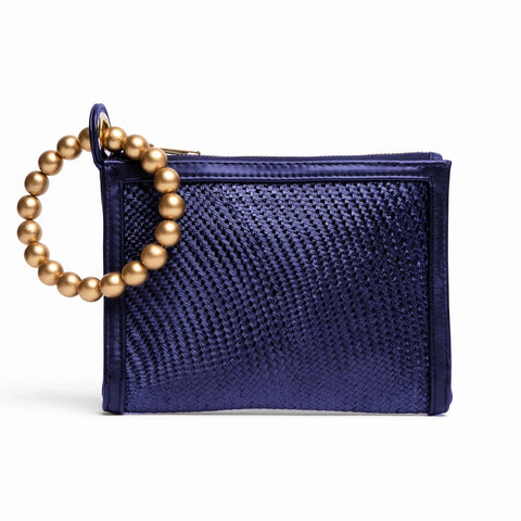 Navy Blue Woven Gold Bead Handle Wristlet Pouch