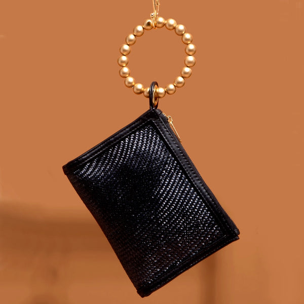 Black Woven Luxe Gold Bead Handle Wristlet Pouch