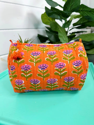 Floral Print Quilted Cosmetic Bag - Orange