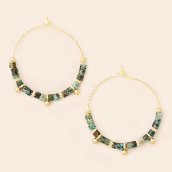 Stone Disc Hoop Earring - African Turquoise / Gold