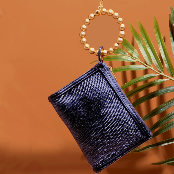 Navy Blue Woven Gold Bead Handle Wristlet Pouch