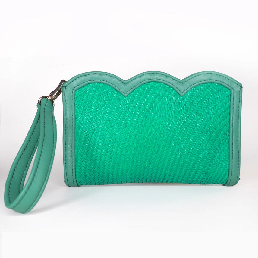 Green Scallop Edge Woven & Leather Wristlet Pouch