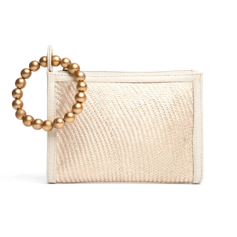 Cream Woven Luxe Gold Bead Handle Wristlet Pouch