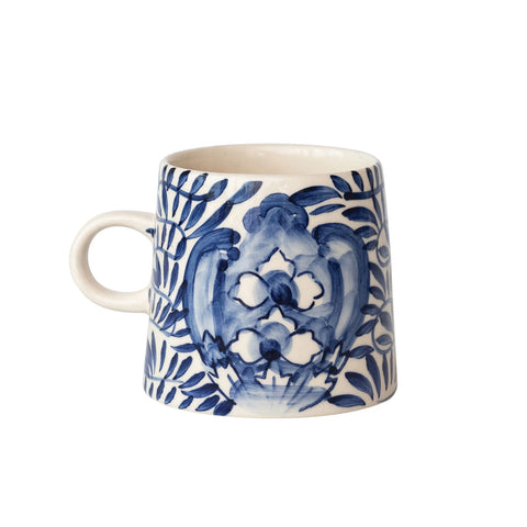 Hand-Painted Mug with Design - Cream & Blue