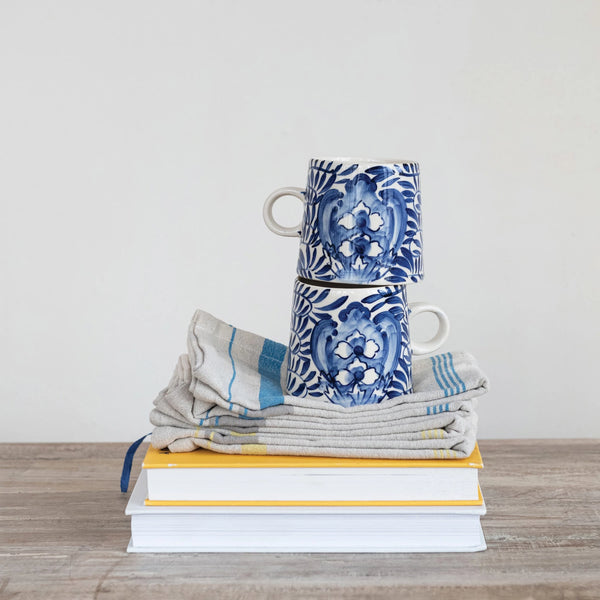 Hand-Painted Mug with Design - Cream & Blue