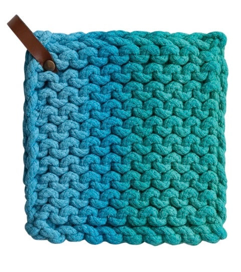 Crocheted Pot Holder w/ Leather Loop - Sky/Teal