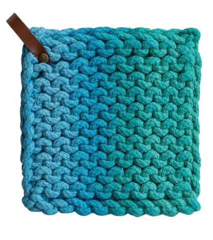 Crocheted Pot Holder w/ Leather Loop - Sky/Teal