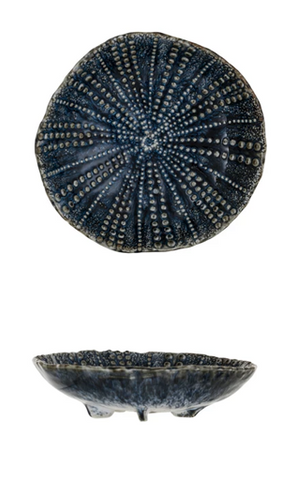 Embossed Stoneware Footed Dish - Blue