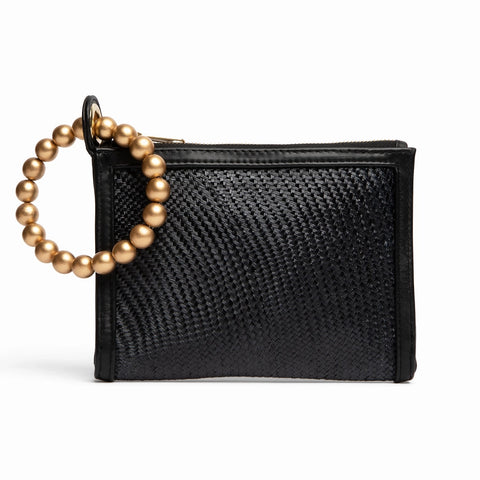 Black Woven Luxe Gold Bead Handle Wristlet Pouch