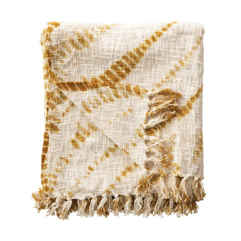Cotton Tie-Dyed Throw with Fringe - Mustard