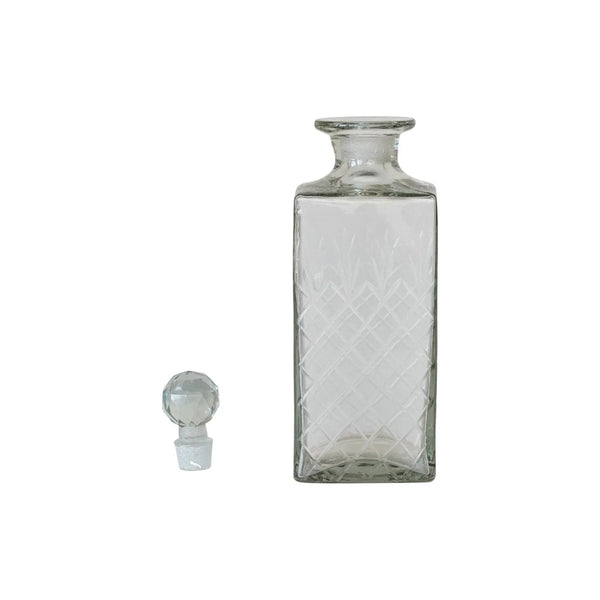 Recycled Etched Glass Decanter w/ Glass Stopper