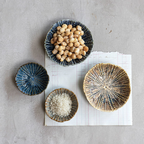 Embossed Stoneware Footed Dish - Blue