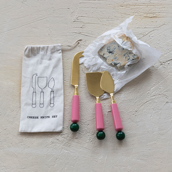 Cheese Knives with Resin Handles - Pink + Green