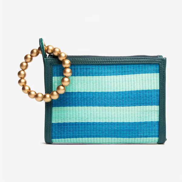 Blue & Turquoise Stripe Woven Straw Wristlet Pouch