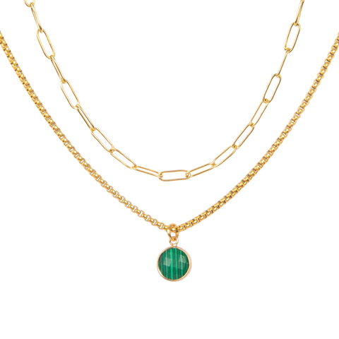 Paperclip & Malachite Stone Pendant Necklace Set