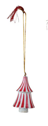 Hand-Painted Wood Tree Ornaments w/ Tassel - Red / White Stripe