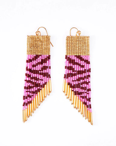 Beaded Golden Zebra Fringe Earrings - Pink / Brown