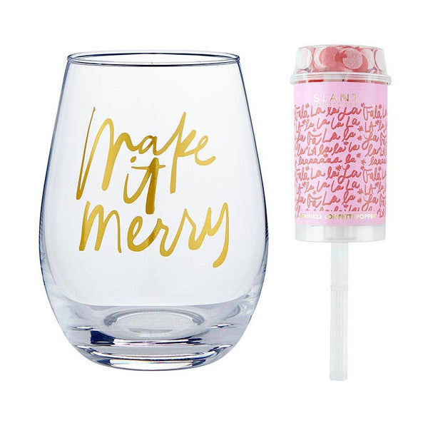 Wineglass & Popper Gift Set - Falala Pattern/Make it Merry