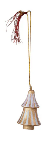 Hand-Painted Wood Tree Ornaments w/ Tassel - Gold / White Stripe