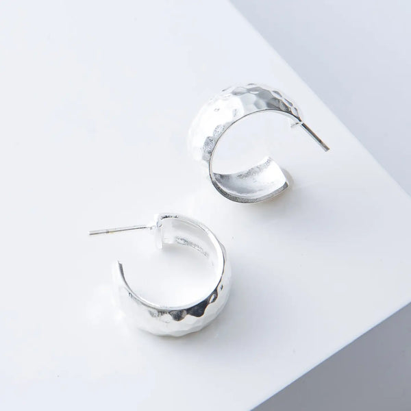 Wide Hammered Hoops - Silver