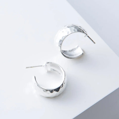 Wide Hammered Hoops - Silver