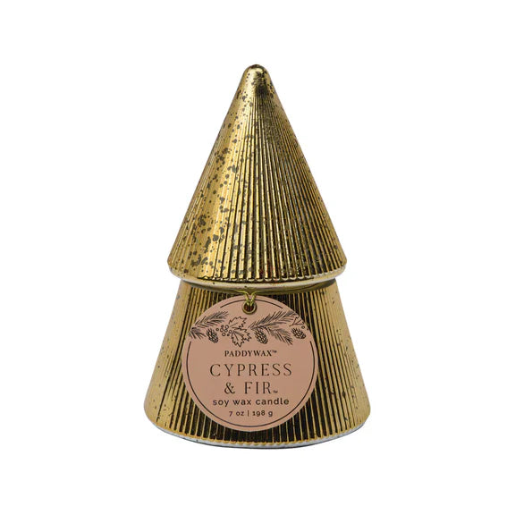 Gold Stacked Tree Candle - Cypress + Fir