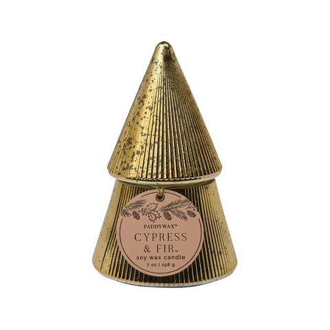 Gold Stacked Tree Candle - Cypress + Fir
