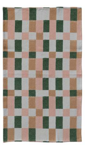 Waffle Weave Tea Towel - Pink / Green Squares