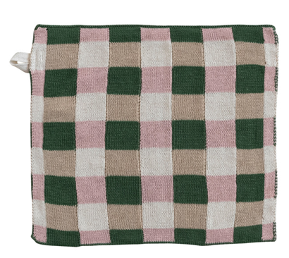Cotton Knit Dish Cloth - Pink / Green Plaid
