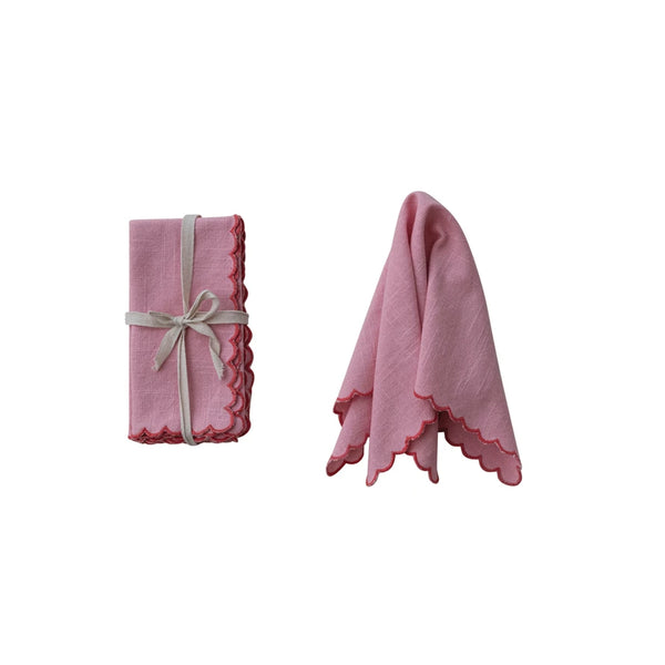Pink Napkins with Stitched Scalloped Edge - Set of 4