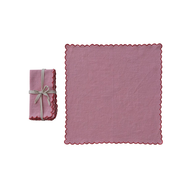 Pink Napkins with Stitched Scalloped Edge - Set of 4