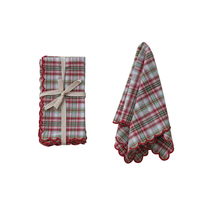 Plaid Napkins with Stitched Scalloped Edge - Set of 4