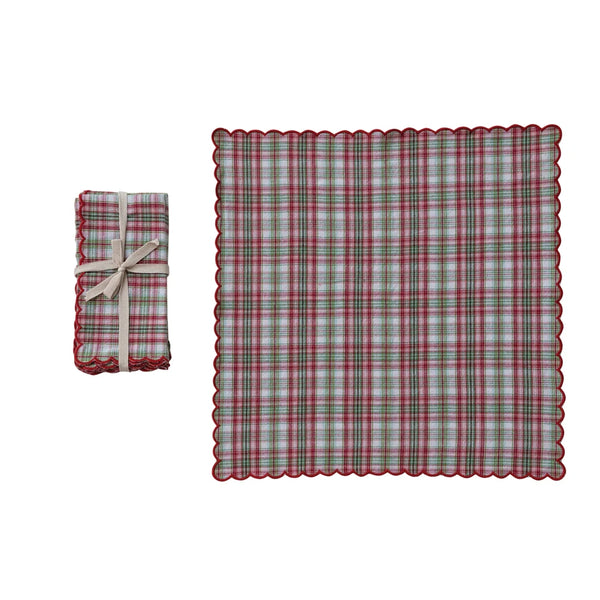 Plaid Napkins with Stitched Scalloped Edge - Set of 4