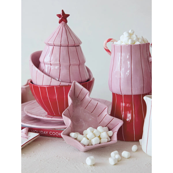 Pink with Red Stripe Hand-painted Christmas Tree Dish