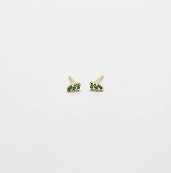 Green Triple Baguette Gold Studs
